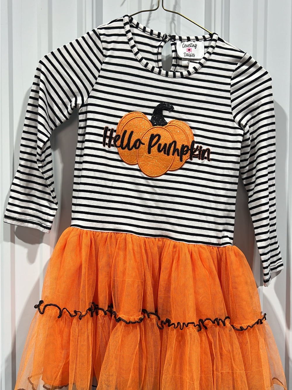 Counting on Delight Girls' Orange Pumpkin Tulle Dress - Black & White Stripes